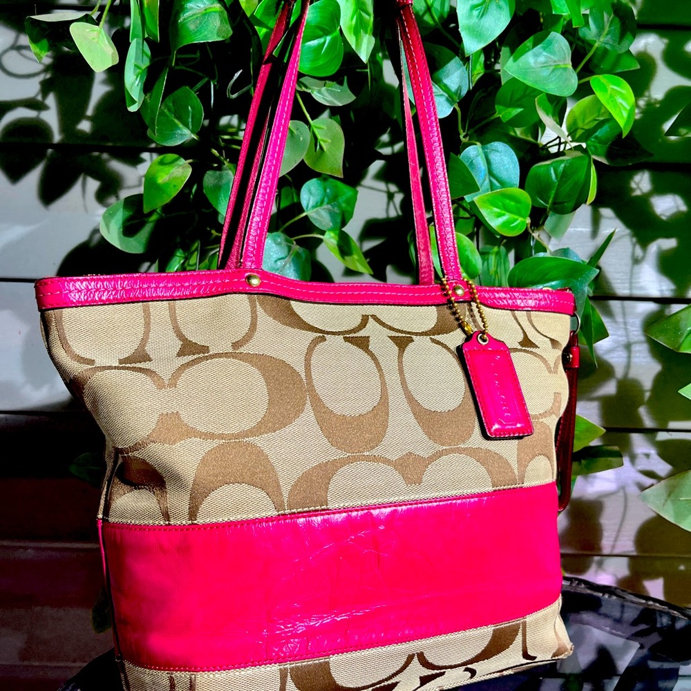 Hot Pink Leather W/Tan Signature Canvas Coach Purse
